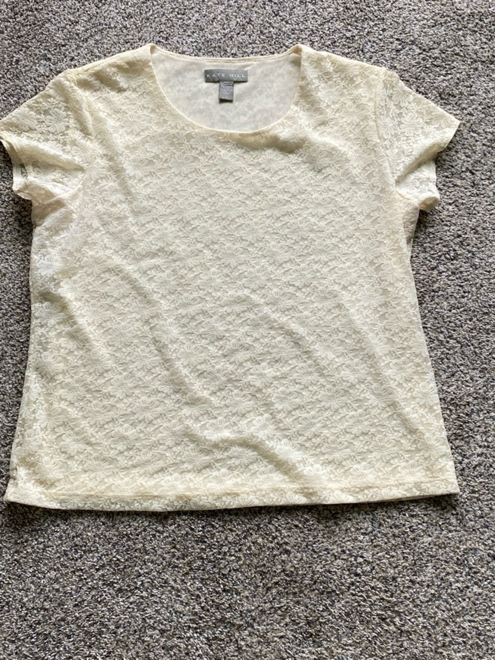 Kate Hill Women’s Lace Overlay Short Sleeve Top in Cream Size Large